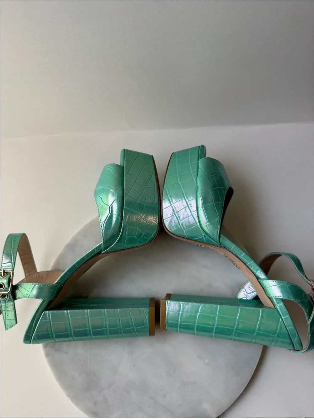 Stuart Weitzman Ryder Aqua Croc-Embossed Platform Sandals